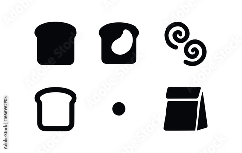 vector solid black filled icons kids lunchbox (peanut butter sandwich): bread slice peanut spread jelly swirls crust edge crumb dot bag flap.