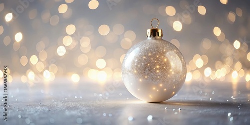 A shimmering silver bauble rests on a glitter-covered surface, illuminated by a soft golden bokeh background, evoking a festive and elegant winter mood.