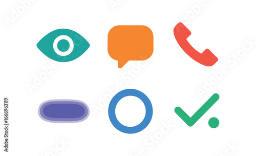vector colorful filled icons mixed signals (read but no reply): eye icon chat bubble crossed phone shadow smear glow rim line dot.