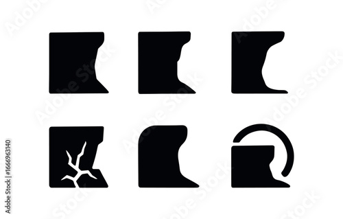 vector solid black filled icons ridge (cliff edge): cliff face drop line shadow highlight rim ground crack sky arc.