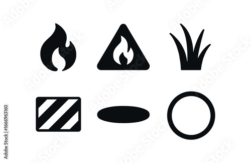 vector solid black filled icons heathland (fire risk): flame icon warning triangle dry grass hazard stripes shadow smear highlight rim.