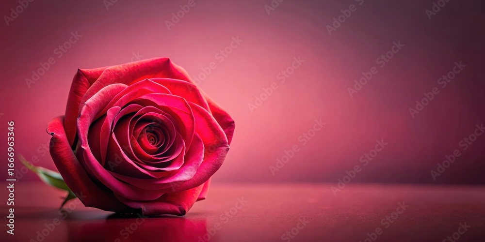 Fototapeta premium A single crimson rose rests delicately on a deep red surface, bathed in soft, romantic lighting.