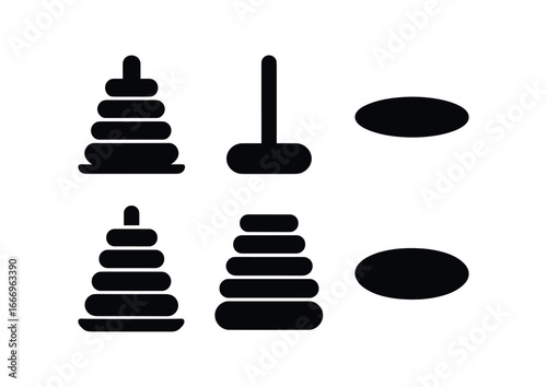 vector solid black filled icons Kindergarten age (stacked rings): ring stack pole outline shadow smear highlight rim color bands base circle.