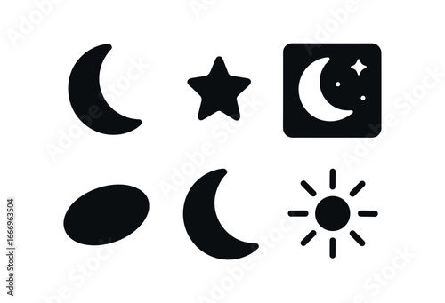 vector solid black filled icons waning season (waning moon): moon crescent star dot night sky shadow smear highlight rim light glow.