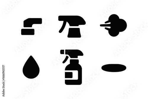 vector solid black filled icons pest control spray (hand sprayer): nozzle tip trigger lever mist plume droplet icon label stripe shadow smear.