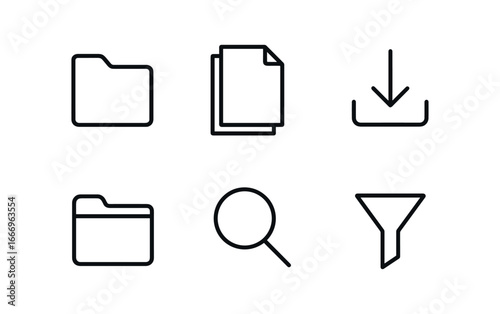 vector outline icons virtual conference booth (resource library): folder icon document stack download arrow label tab search bar filter icon.