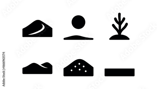 vector solid black filled icons stillness (desert calm): smooth dune clear sky lone shrub long ridge fine sand far horizon.