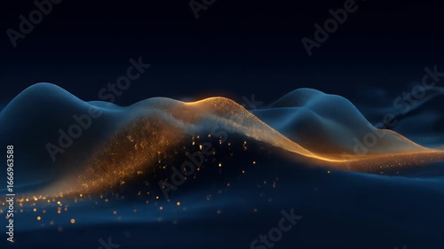 Abstract landscape of undulating forms in deep blue and gold