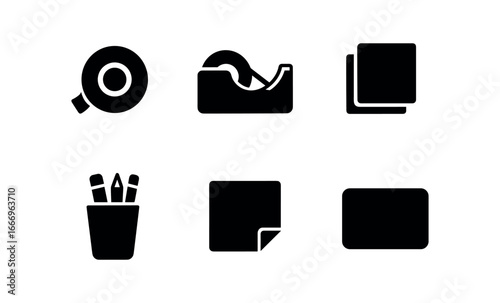 vector solid black filled icons sticky tape (office desk): clear tape roll tape dispenser paper stack pen cup sticky notes desk mat.