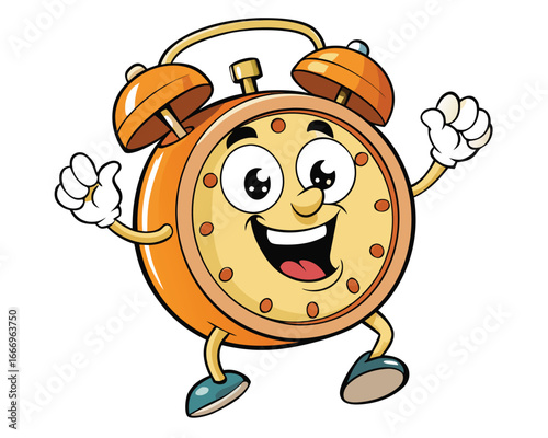 Vector art of a cheerful cartoon alarm clock character with a smiling face and raised hands, appearing energetic and ready to start the day