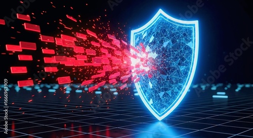 Digital shield breaking apart under cyber attack threat