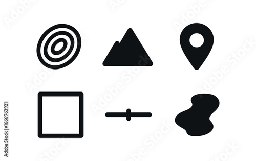 vector solid black filled icons mapmaker (mountain relief): contour rings peak symbol legend tag border frame scale line shadow smear.