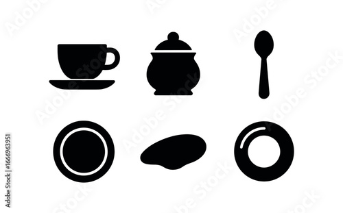 vector solid black filled icons table setting (coffee break): saucer cup sugar bowl spoon tip plate outline shadow smear highlight rim.