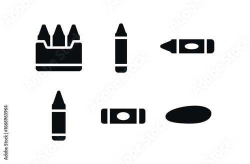 vector solid black filled icons crayon box (primary colors): red stick blue stick stick crayon sharp paper wrapper shadow smear.