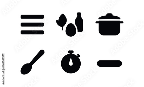 vector solid black filled icons food blog (recipe steps): numbered list ingredient icons pot silhouette spoon line timer dot shadow.