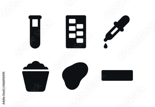 vector solid black filled icons soil pH tester (kit components): test tube color chart dropper soil cup shadow smear label stripe.