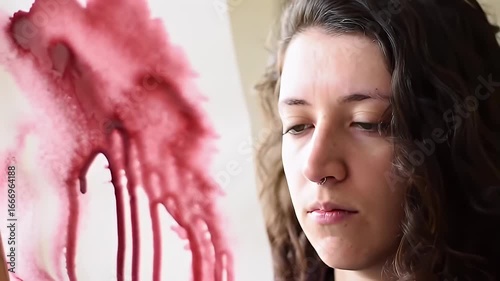 Curly-haired woman gazes at a watercolor artwork with dripping red-purple pigment