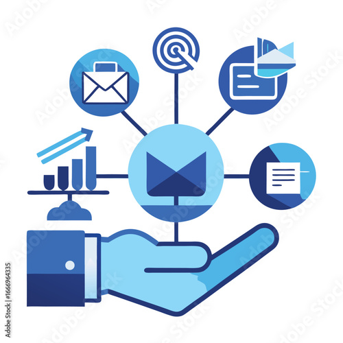 Hand presenting digital marketing vector blue  icon on white background.