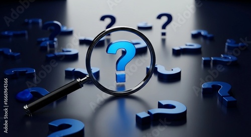 Blue question marks with magnifying glass