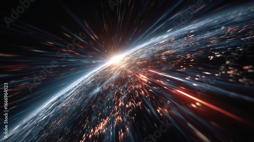 Cosmic Journey: An interstellar voyage through the expanse of space and time, witnessing a celestial event over planet.