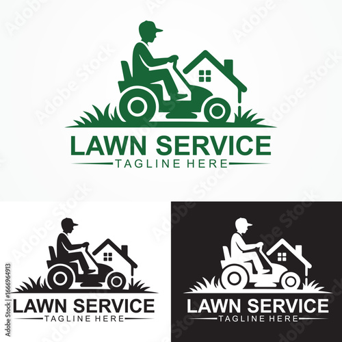 Minimalist Lawn Mower Service Logo Design Vector – House, Grass, Riding Mower Icon
