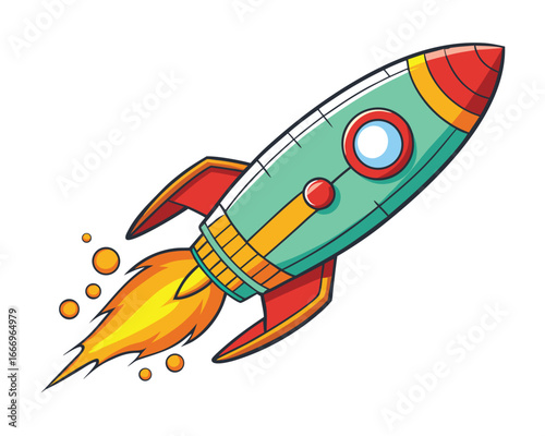 Vector art of cartoon teal and red rocket ship blasting off with fiery exhaust and orange bubbles