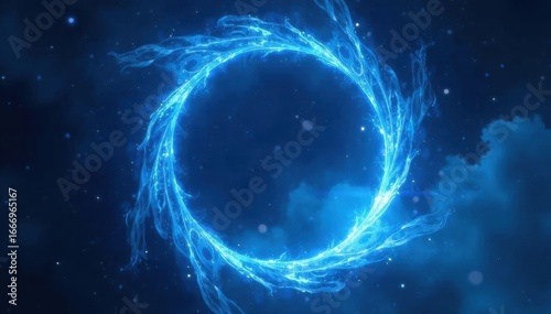 Electric blue plasma swirls forming a circular portal frame , futuristic, digital art, mystical
