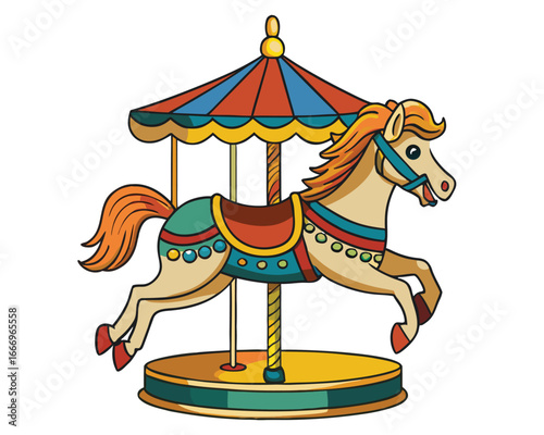 Vector art of a traditional carousel horse with a colorful saddle and bridle, captured in a dynamic pose, isolated on a