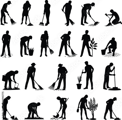 Silhouettes of people gardening, planting, raking, watering and working outdoors, collection of garden activities, landscaping, agriculture, and nature care