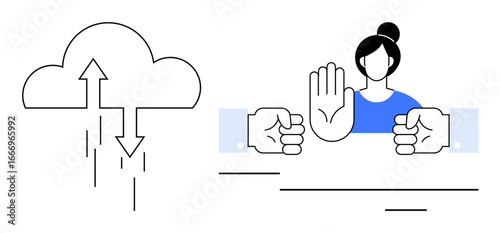 Woman raising her hand to signal stop beside cloud with arrows illustrating data upload and download. Ideal for data security, conflict resolution, privacy, leadership, boundaries, cloud computing