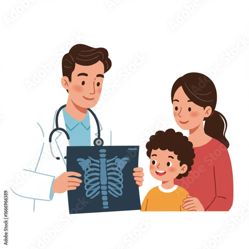 Doctor showing x-ray to mother and child healthcare checkup illustration