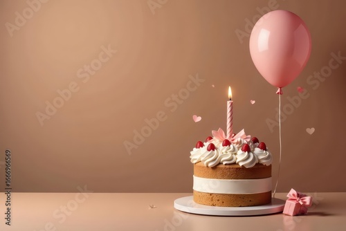 Mocha-toned backdrop, birthday cake, present, floating balloon , pastel, festive, photo