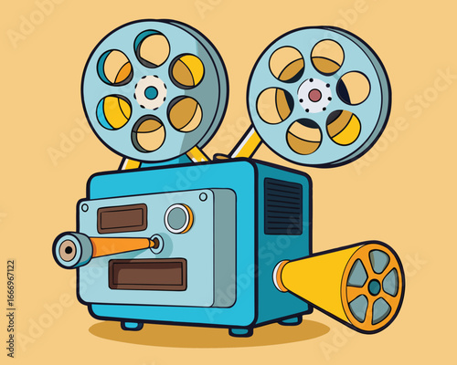 Vector art of cartoon illustration of a vintage blue movie projector with two reels and orange details, symbolizing cinema and film projection