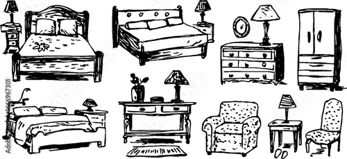 Hand drawn decorative beds and furnishings collection for interior design