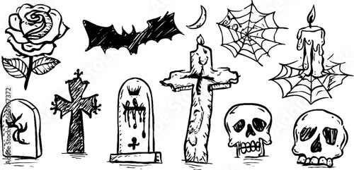 Gothic hand drawn set of black roses, skulls, and halloween elements for design