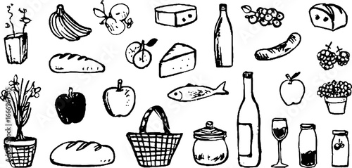 Hand drawn food and drink collection with decorative bananas for artistic design