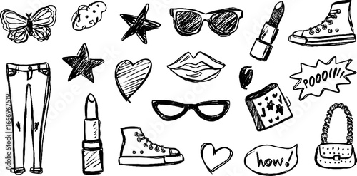 Hand-drawn doodle collection of decorative fashion accessories and fun elements