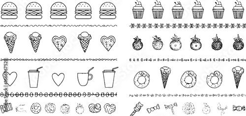 Hand drawn burgers, pizzas, and desserts collection for creative design