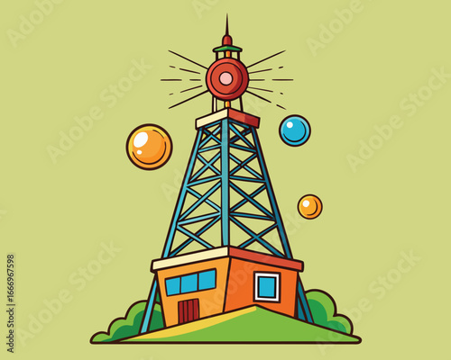 Vector art of radio tower with broadcast antenna and signals, communication technology for wireless transmission and media