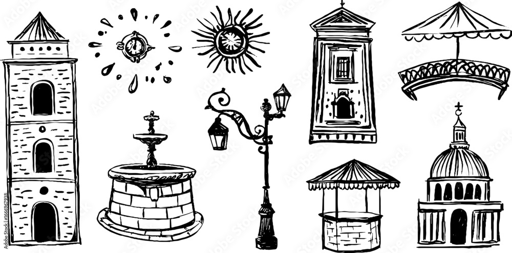 Fototapeta premium Hand drawn decorative elements of clock towers and historical architecture for design