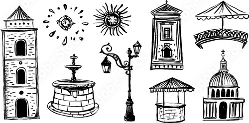 Hand drawn decorative elements of clock towers and historical architecture for design
