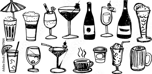 Hand drawn decorative cocktail and drink glasses collection for creative designs