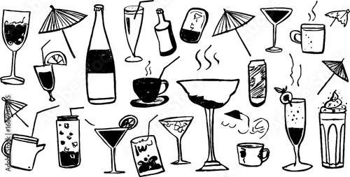 Set of hand drawn decorative cocktail glasses with umbrellas and drinks for creative design