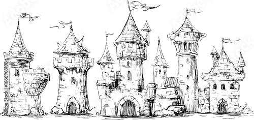 Hand drawn decorative conical turret roofs collection for architectural design