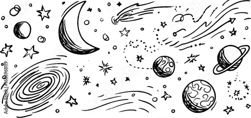 Hand drawn decorative celestial and planetary design for cosmic art projects