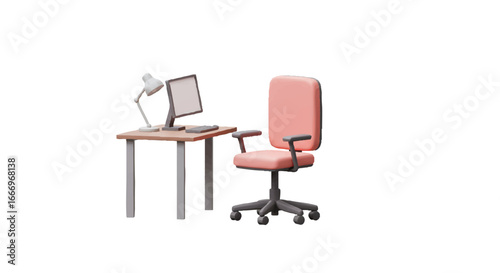 Modern Workplace with Computer Desk Lamp and Ergonomic Chair Isolated on White
