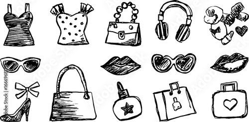 Hand drawn fashion collection: decorative tops, handbags, and accessories for creative design