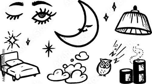 Hand drawn decorative crescent moons with nighttime elements for creative design