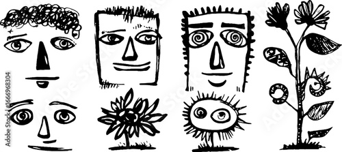 Collection of hand drawn cubist faces and surreal elements for creative design