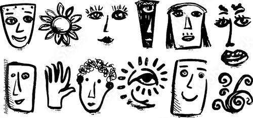 Collection of hand drawn decorative cubist faces and surreal elements for art and design